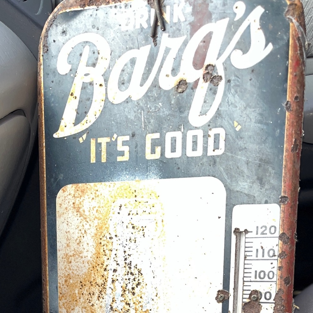 VINTAGE 1950'S BARQ'S ROOT BEER METAL SIGN W/ THERMOMETER